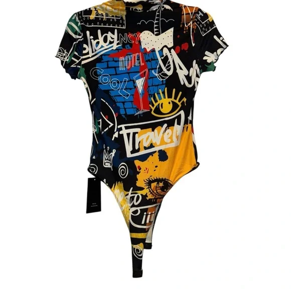 Shein Colorful Graffiti Print Bodysuit NWT - Picture 3 of 5